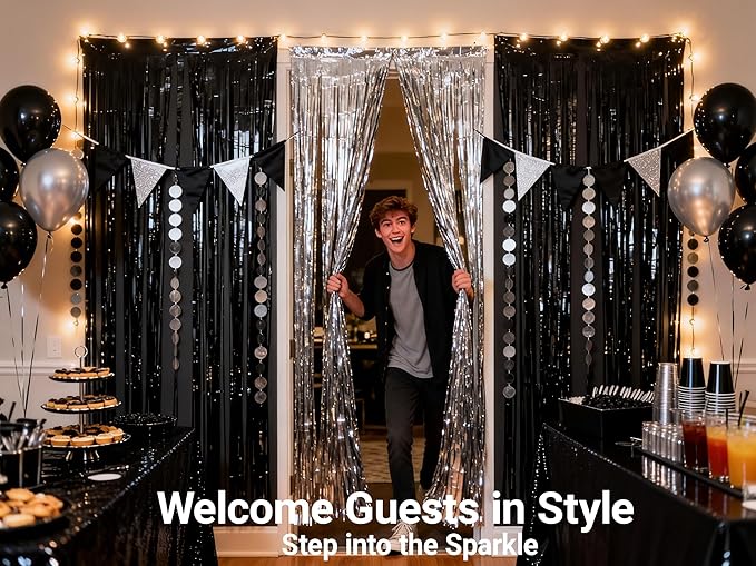 3 Packs Black and Silver Foil Fringe Curtains, Birthday Decorations Backdrop Graduation Tinsel Steamer, Retirement Farewell Engagement Wedding Bridal Shower Party Decorations