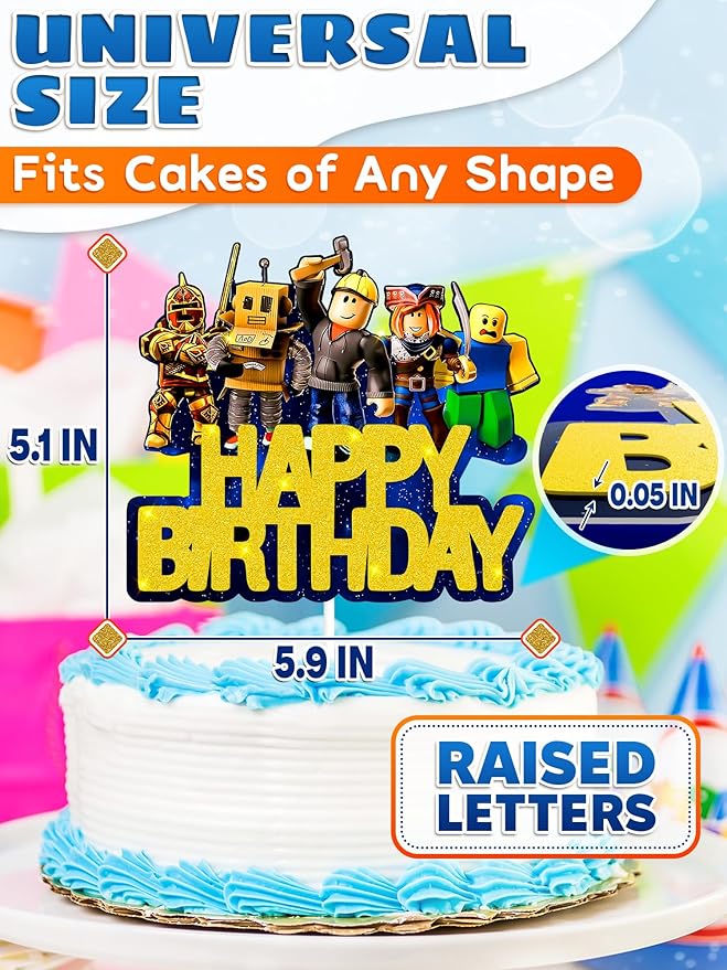 Video Game Cake Topper Decorations - Vibrant Glitter Cardboard Gamer Cake Topper, Eye-Catching Design, Firm Installation & Easy Adjusting, Sturdy Plastic Stick - Birthday Decorations for Boys & Girls