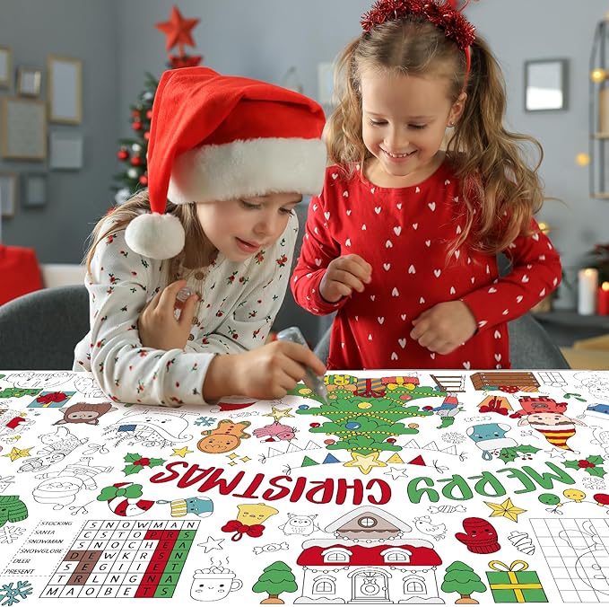 Giant Coloring Poster for Kids, 30x72 Inch Merry Christmas Large Coloring Tablecloth Banner, Color-in Activities Games for Kids School Classroom Home Party Supplies Decorations