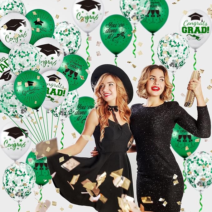 Whaline 60Pcs Graduation Party Balloon Set 7 Designs Green White Confetti Latex Balloon with 2 Rolls Green Ribbon Grad Cap Congrats Grad Balloon for Graduation Party Decoration Supplies