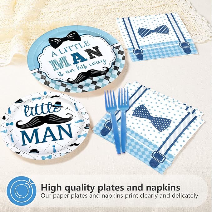 96 Pcs Little Man Baby Shower Decorations A Little Man Is On His Way Paper Plates and Napkins Mustache Bow Tie Hat Tableware Set for Boys Baby Shower Birthday Party Supplies Serves 24