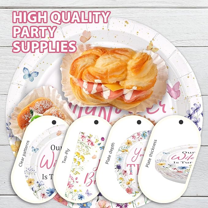 96Pcs Wildflower 3rd Birthday Decoration Our Little Wildflower Is Turning Three Plates and Napkins Spring Flower Third Birthday Decoration for Girl Floral Three Years Old Bday Party Supplies Serve 24