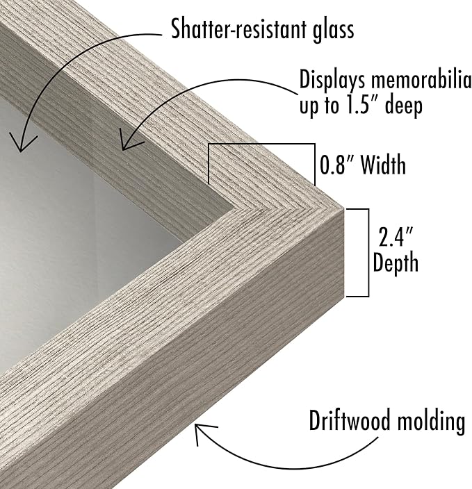 Americanflat 11x11 Shadow Box Frame with Shatter-Resistant Glass - Silhouette Collection - Large Shadow Box Display Case for Tabletop and Wall Display - Driftwood with Soft Felt Back