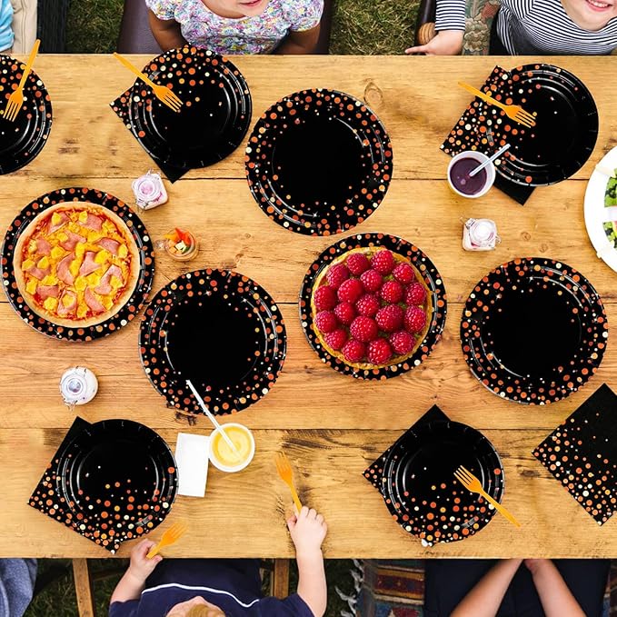 96Pcs Orange and Black Birthday Party Decorations Black Orange Polka Dot Plates and Napkins Sets for Birthday Wedding Bridal Shower Baby Shower Harvest Party Supplies Serves 24