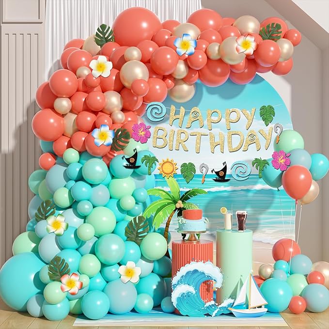 Ouddy Life 165Pcs Tropical Birthday Party Decorations, Summer Tropical Balloon Garland Arch Kit Coral Pearl Rose Gold Teal Pastel Blue Artificial Palm Leaves Banner for Hawaii Luau Party Supplies