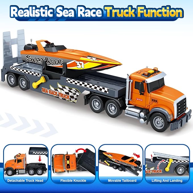 Toddler Boy Toys for 3 4 5 6 7 Years Kids, 21" Semi Flatbed Truck Toy with a Sea Race Truck, Friction Powered Vehicles Toys with Lights and Sounds, Birthday for Boy Girls
