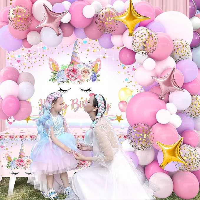 Unicorn Birthday Decorations for Girls,118pcs Unicorn Theme Party Decorations with Balloon Garland Arch Kit Backdrop and Tablecloth for Girls Women Birthday Party Supplies(Pink)