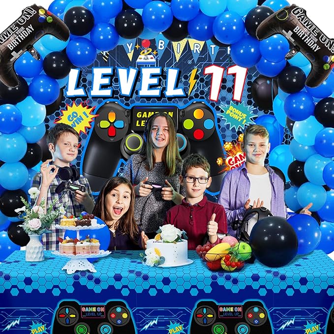 Vlipoeasn 90PCS Video Game Party Decorations for Boys Set Blue - 11th Birthday Supplies - Video Game Backdrop, Balloons, Tablecloth, Gamer and Foil Balloons