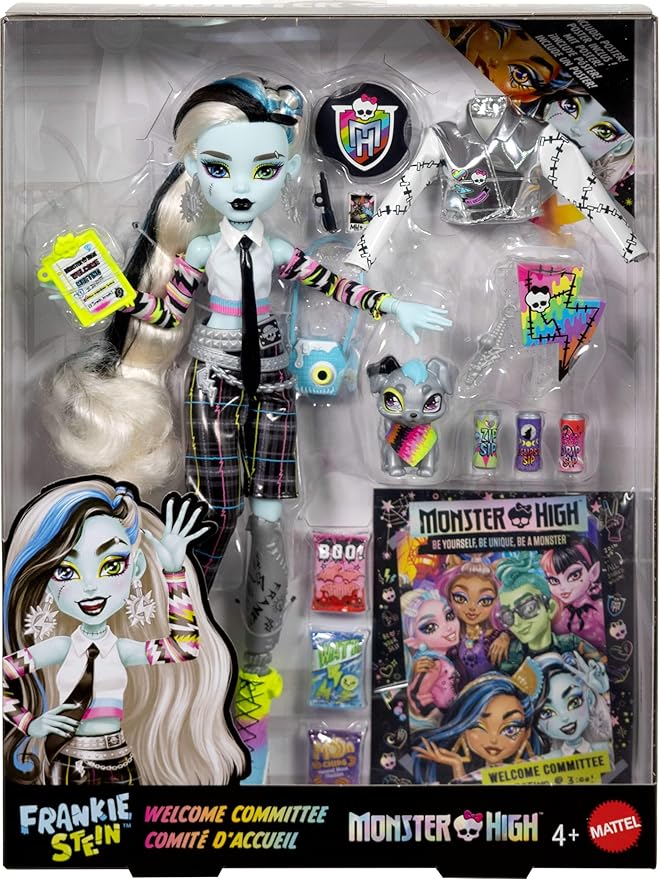 Monster High Frankie Stein Doll, Welcome Committee Set with 15 Accessories Including Poster, Sticker, Pet Watzit and More