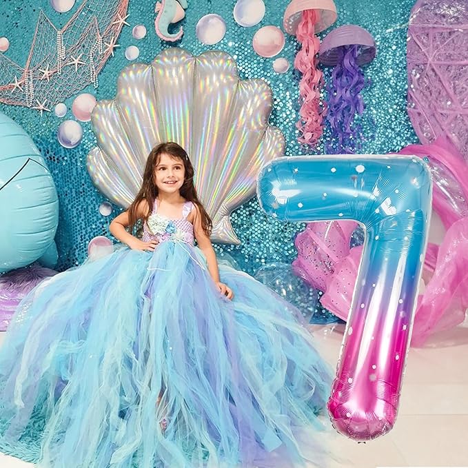 40 Inch Balloon Number 7 Mermaid, Large Mylar Foil Blue Pink Starry Number Seven Balloons Set for Girls Women, Rainbow Globos de Numero 7 Helium Balloons for Girls 7th Birthday Party Decorations