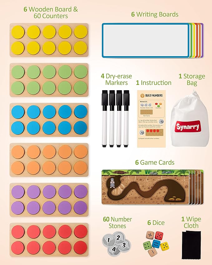 SYNARRY Wooden Ten-Frame Set Math Manipulatives for Kindergarten Elementary 1st 2nd Grade Homeschooling, Addition and Subtraction Montessori Math Games for Chirldren, Counters Toys for Kids Ages 3-8