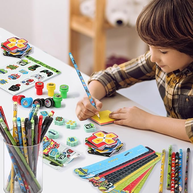 Cholemy 168 Pcs Video Game Party Favors Include Gaming Mini Notebook Gamer Birthday Sticker Pencil Stamper Ruler Eraser for Boy Teen Game Gifts Classroom Rewards Favor Party Supplies Decor(Bright)
