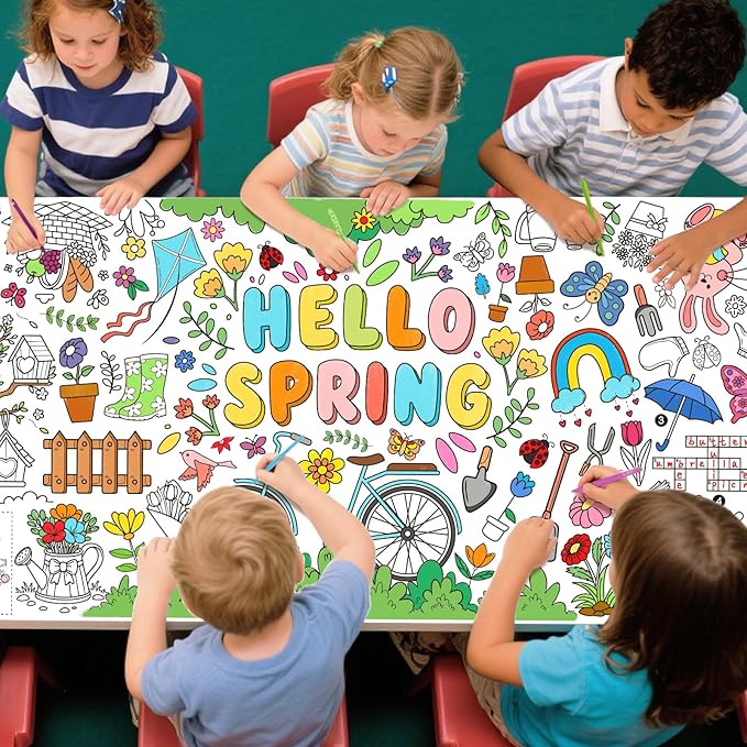 Gatherfun Hello Spring Giant Coloring Poster for Classroom - 31.5x72 Versatile Spring Activity Poster/Table Cover for School Parties,Birthday & Special Events Decoration