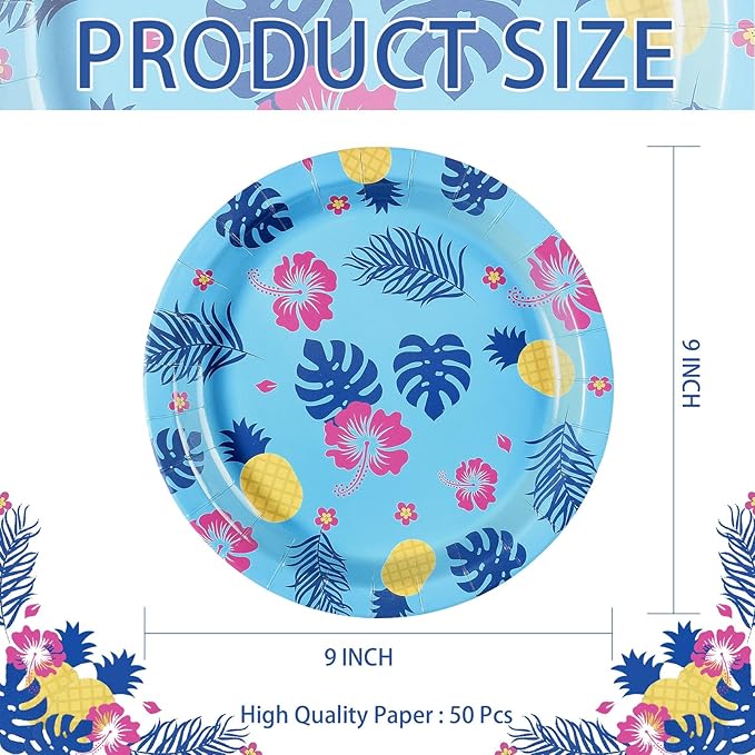 50Pcs Hawaiian Paper Plates 9 Inch Disposable Tropical Luau Blue Cartoon Hibiscus Floral Party Decorations Hawaii Aloha Dessert Themed Plates for Summer Beach Pool Holiday BBQ Birthday Party Supplies
