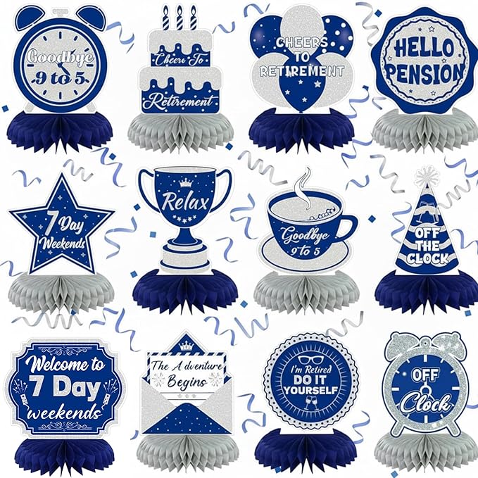 Pickmesh 12 Pieces Blue Retirement Party Decorations Honeycomb Centerpieces Blue Silver Happy Retirement Table Decorations 7 Day Weekend Goodbye 9 to 5 Table Topper for Party Decoration Supplies