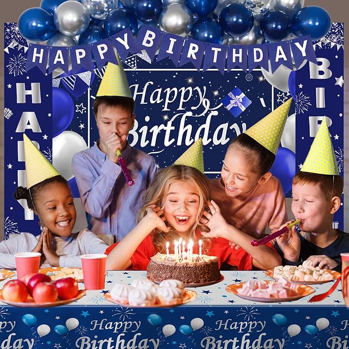 Blue Birthday Decorations, 37 PCS Blue and Silver Party Decorations for Men Boys Women Girls, Happy Birthday Backdrop Banner Tablecloth Party Supplies Confetti Balloons Arch