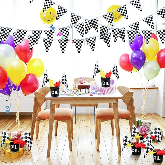 48 Pcs Race Car Party Decorations 6 Sets Racing Table Centerpieces Including 12 Checkered Flags 6 Plastic Drums 6 Oil Stickers 24 Tissue Papers for Race Car Themed Birthday Party Supplies