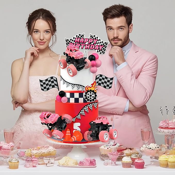 20PCS Pink Truck Cake Decoration 3 Off-road Vehicle Cake Top Decoration Deep Pink Peach Black Balls Truck Themed Party Supplies