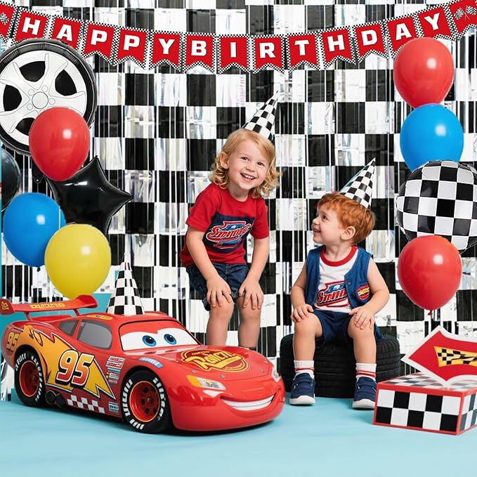 Race Car Birthday Party Decoration, 1 Pack Race Car Party Backdrop Photo Booth Prop, Black and Silver Checkered Fringe Curtains Tinsel Photo Streamers for One Happy Dude Race Car Theme Party Supplies