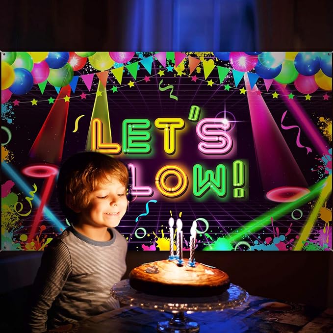 BOAO Neon Glow Party Backdrop Fabric - Birthday Decorations, Themed Background, 5.9 x 3.6 Ft