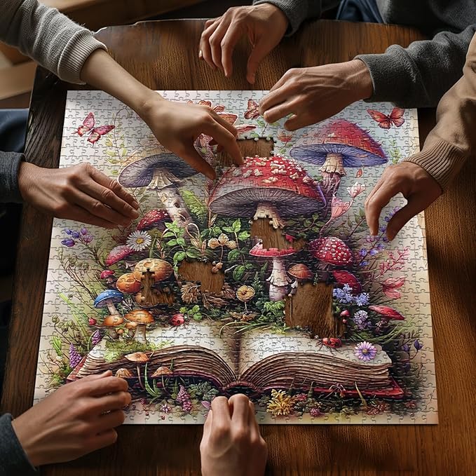 Mushroom Jigsaw Puzzle 1000 Pieces, Magic Book Plant Flower Puzzles Vintage, Challenging for Adults