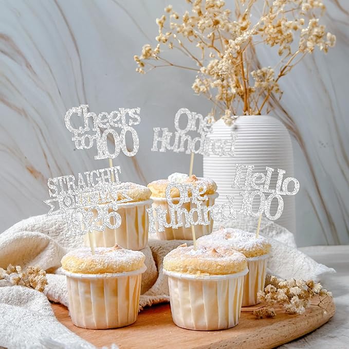 Ephlyn 24Pcs Happy 100th Birthday Cupcake Toppers Glitter Straight Outta 1926 Cupcake Picks Hello 100 Cheers to 100 Years Birthday Cake Decorations for 100th Birthday Anniversary Party Supplies Silver