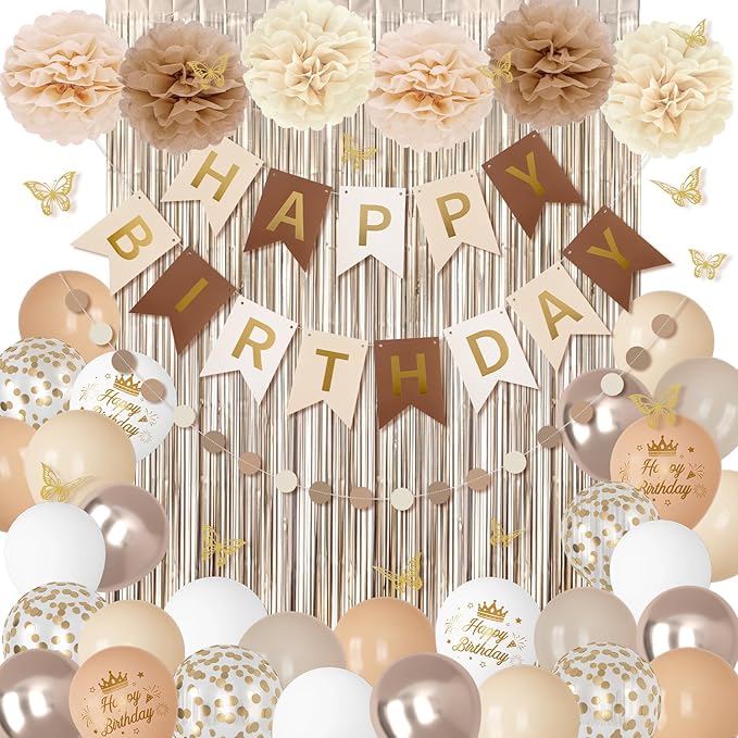 Neutral Birthday Decorations for Women Girls, White Sand Gold Confetti Metallic Printed Balloons Butterfly Stickers Fringe Curtain Happy Birthday Banner Circle Dots Paper Pompoms Party Decor Supplies
