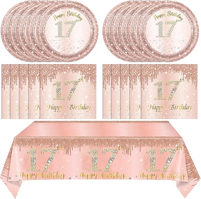 41PCS 17th Birthday Decorations for Girls,Rose Gold 17th Birthday Plates and Napkins,Tablecloth Kit Disposable 17th Birthday Paper Tableware Set for Girls 17 Years Old Birthday Party Supplies