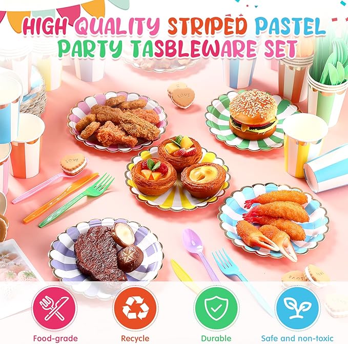Mimorou 300 Pcs Pastel Scalloped Paper Plates Disposable Macaron Party Plates 7 Inch Gold Edge Colorful Dinnerware Set Striped Pastel Rainbow Tableware for Wedding Birthday Baby Shower Party Supplies