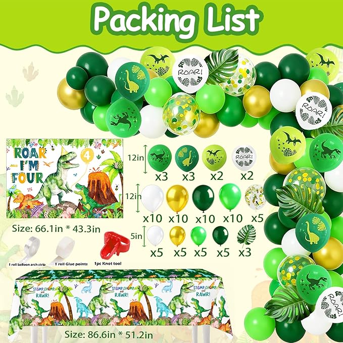 Roar I Am Four Dino 4 Birthday Party Decorations for Boys – Four Rex Themed 4th Birthday Kit Including Banner Backdrop, Tablecloths, Balloon ，Crown And Boxes For 4 Rex Party Supplies