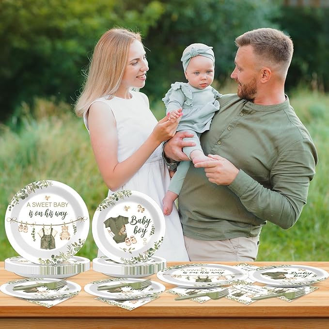 96Pcs Greenery Baby Shower Plates and Napkins Decoration Sage Green Baby Boy Party Tableware Dinnerware Set A Sweet Boy Is On His Way Paper Plates for Gender Reveal Party Supplies Serves 24 Guests