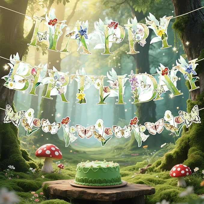 Paper Jazz Wildflower Party Birthday Banner,Butterfly Happy Birthday Banner,Floral Party Decorations for Garden Tea Party Baby Shower For Girl and Women
