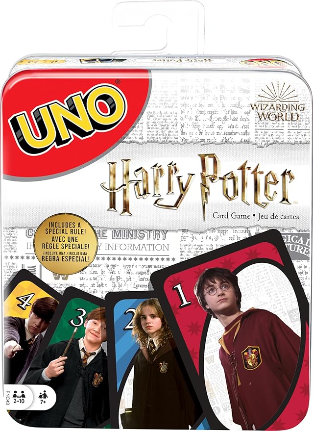 Mattel Games UNO Harry Potter Card Game in Storage Tin for Kids, Adults & Parties, Collectible Deck Based on Popular Series for 2 to 10 Players