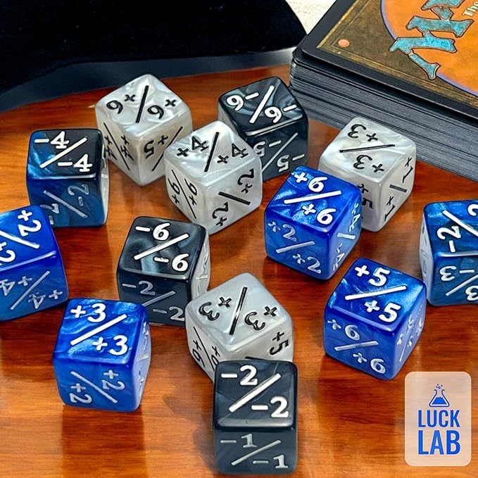 Luck Lab MTG Magic Life Counter Dice, 48 PCS - Compatible w/Magic Card Game Accessories, CCG Creature Stats w/ 2 Dice Bags (Blue Pearl, Blue Swirl, White Pearl, Black Pearl)