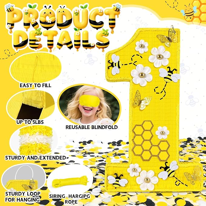 25" Large Number 1 Pinata - Includes 24" Bat Stick, Eye Mask, Rope | Queen Bee Pinatas with Butterfly, Daisy, Bumblebee Themed Party Supplies and Decorations, Kids First Birthday Party Décor
