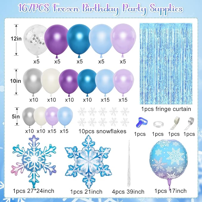 167Pcs Frozenn Balloons Arch Garland Kit, Froozen Birthday Party Decorations Supplies Fringe Curtain Blue Purple Snowflake Balloon for Winter Wonderland Princess Girl Decor
