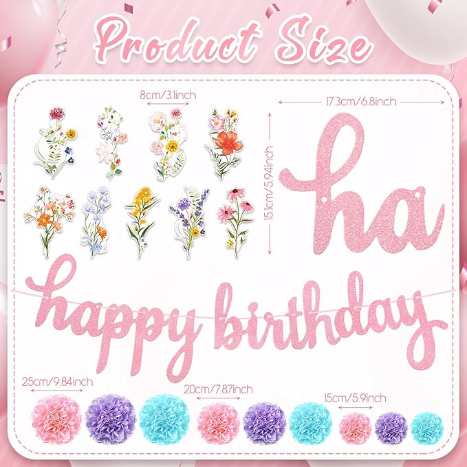 28 Pcs Wildflower Birthday Party Decorations Floral Hanging Swirls Glitter Birthday Banner Honeycomb Balls for Women Flower Themed Birthday Baby Shower Wedding Party Supplies