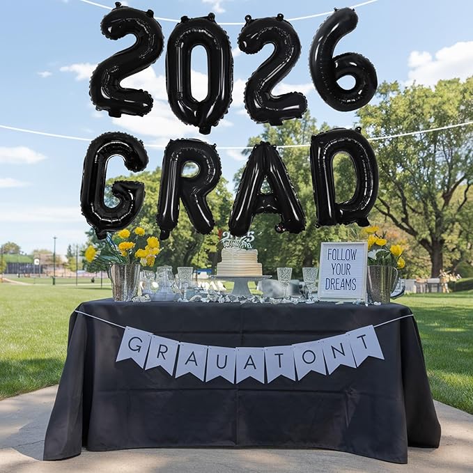 Black 2026 Congrats Balloons, 16 Inch Matte Black 2026 GRAD Foil Balloons Banner Sign for Graduation Decorations 2026, College High School Class of 2026 Graduate Congratulations Party Decor Supplies