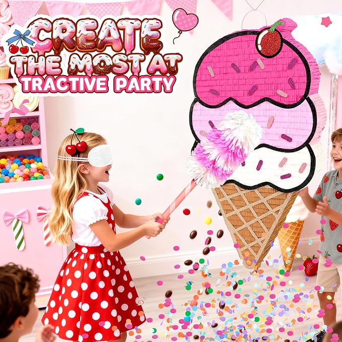 24" Large Ice Cream Pinata for Birthday Party, 3-Layer Neapolitan Summer Sweet Treats Theme Party Supplies, Paper Mache Pinata with Stick, Mask & Confetti, Fun Party Game Decor for Kids Adults