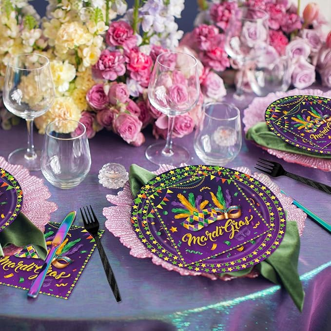 96PCS Mardi Gras Plates and Napkins Party Supplies Mardi Gras Decorations New Orleans Carnival Masquerade Party Decorations MardiGras Disposable Tableware Set Serve 24 Guests