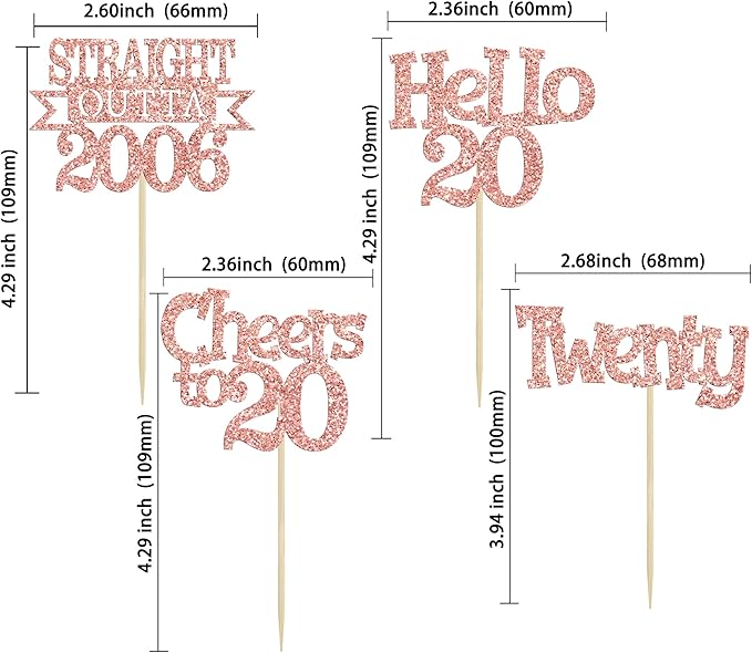 Ephlyn 24Pcs Happy 20th Birthday Cupcake Toppers Glitter Cupcake Picks Hello 20 Cheers to 20 Years Cake Decorations for 20th Birthday Anniversary Party Decorations Supplies Rose Gold