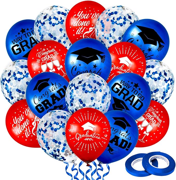 Whaline 60Pcs Graduation Party Balloon Set 7 Designs Confetti Latex Balloon with 2 Rolls Ribbon Class of 2025 Grad Cap Congrats Grad Balloon for Graduation Party Decoration Supplies (Blue, Red)