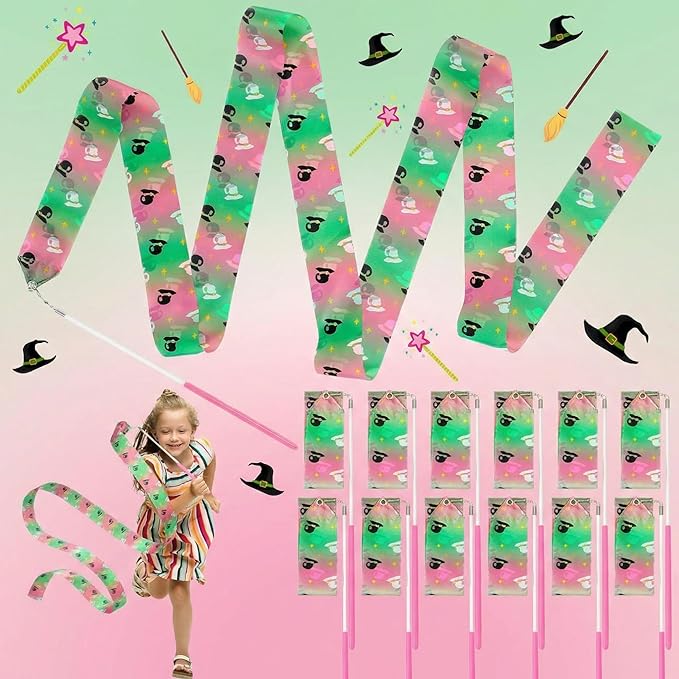 12 Pcs Princess and Witch Party Favors Ribbon Dancing Wands Gymnastics Ribbons Sticks Dance Streamers Dance Twirling Sticks for Girls Birthday Party Favors Supplies Goody Bag Stuffers Gifts