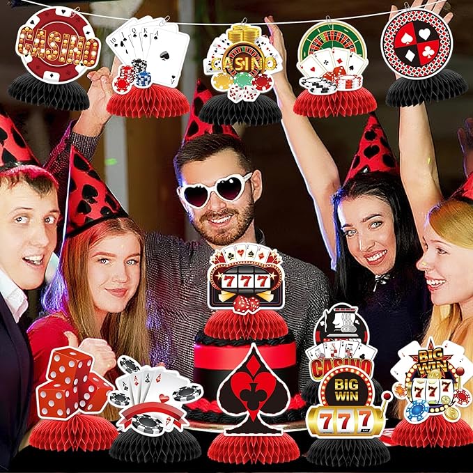 12pcs CasinoTheme Party Decorations,Casino Poker Happy Birthday Decorations, Honeycomb Centerpieces Decor Table for Party Supplies for Casino Table Toppers Casino Game Night Las Vegas Party Favors