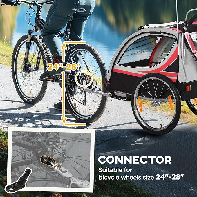 Aosom 2-in-1 Walk/Ride Child Baby Bike Trailer for Kids 2 Seater, High-Visibility Bike Stroller for Toddler Wagon, Weather-Strong Double Bicycle Trailer Accessory for Kids