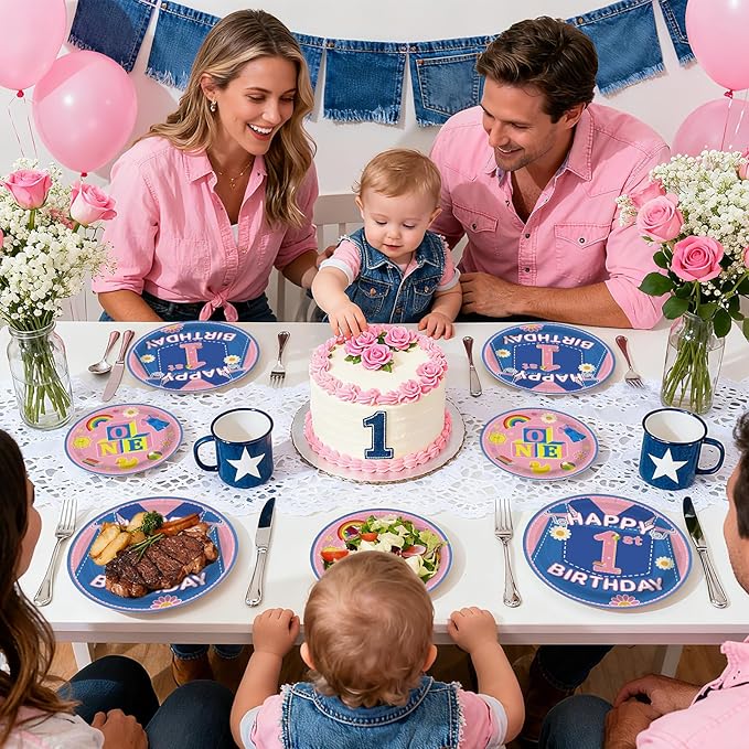 96Pcs 1st Birthday Party Decorations Girls Pink Cartoon Teaching Plates and Napkins Cartoon English Teacher Theme Tableware Set for Girl Birthday Baby Shower Party Supplies，Serves 24