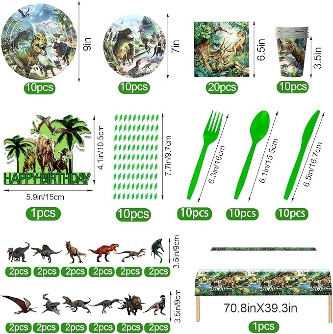 Dinosaur Birthday Decorations, Dino Birthday Party Supplies&Decorations 3 Year Old,Dinosaur Theme Party Set Include Banner Tablecloth Balloons Cake Toppers Plate Napkin for Kids Party
