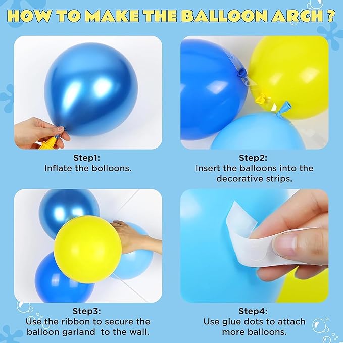 Cartoon Sponge Balloon Arch Kit-Blue Green Yellow Balloons Birthday Decorations For Boys girl,Party Decor Supplies Girls Including Happy Birthday Backdrop
