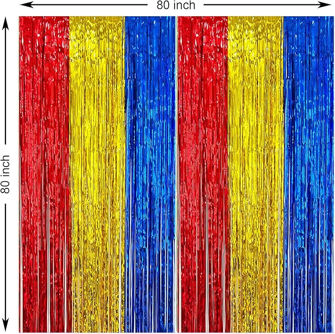 2 Pack Construction Foil Fringe Curtains, 3.3x6.6 Ft Blue Red and Gold Tinsel Backdrop Party Decorations Door Streamers for Birthday House Doorway Room,Photo Booth Props, Party Supplies