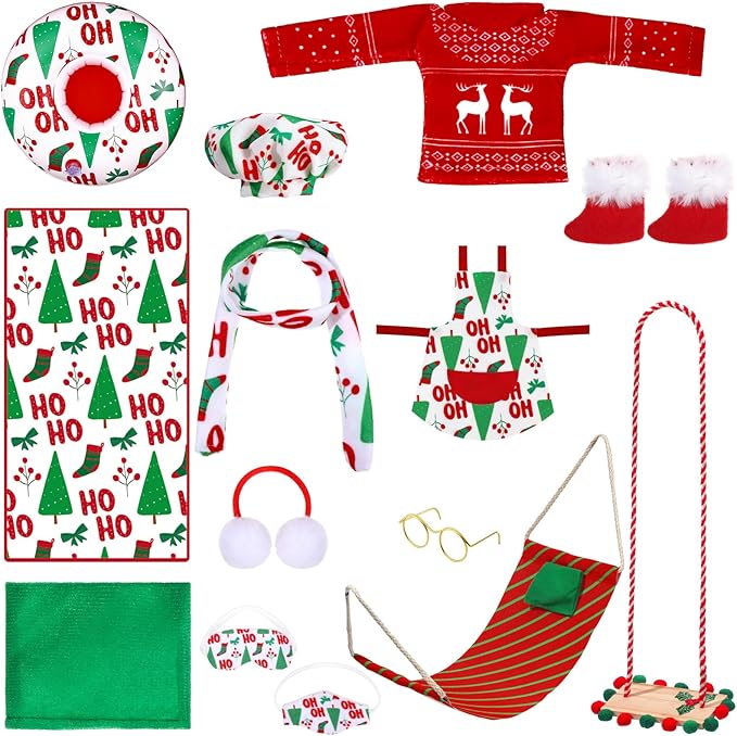 Kacctyen 12 Pcs Christmas Accessories Kits Include Christmas Doll Sleeping Bag Sweater Apron Chef Hat Scarf Earmuffs Eye Mask Snow Tube Mask Hammock for Doll Clothes Costume Outfits